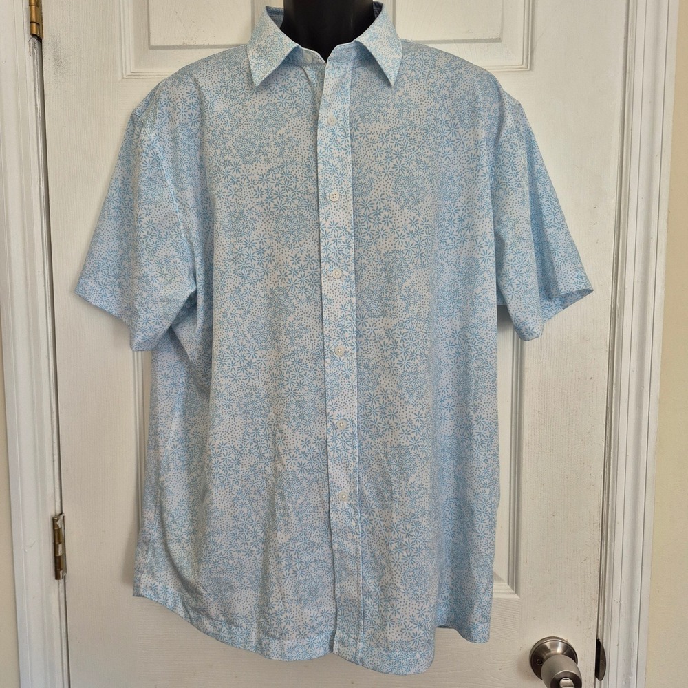 FootJoy FJ Mens XL Blue White Floral Starburst Button Down Golf Polo Shirt